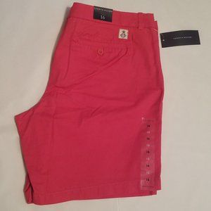 Tommy Hilfiger Womens Chino Shorts Size 16 Claret Red/Coral Flat Front 9" Inseam
